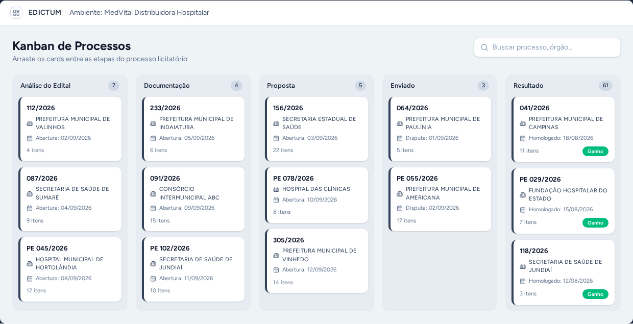 Kanban do EDICTUM com certames em cada fase (empresa de demonstração fictícia)