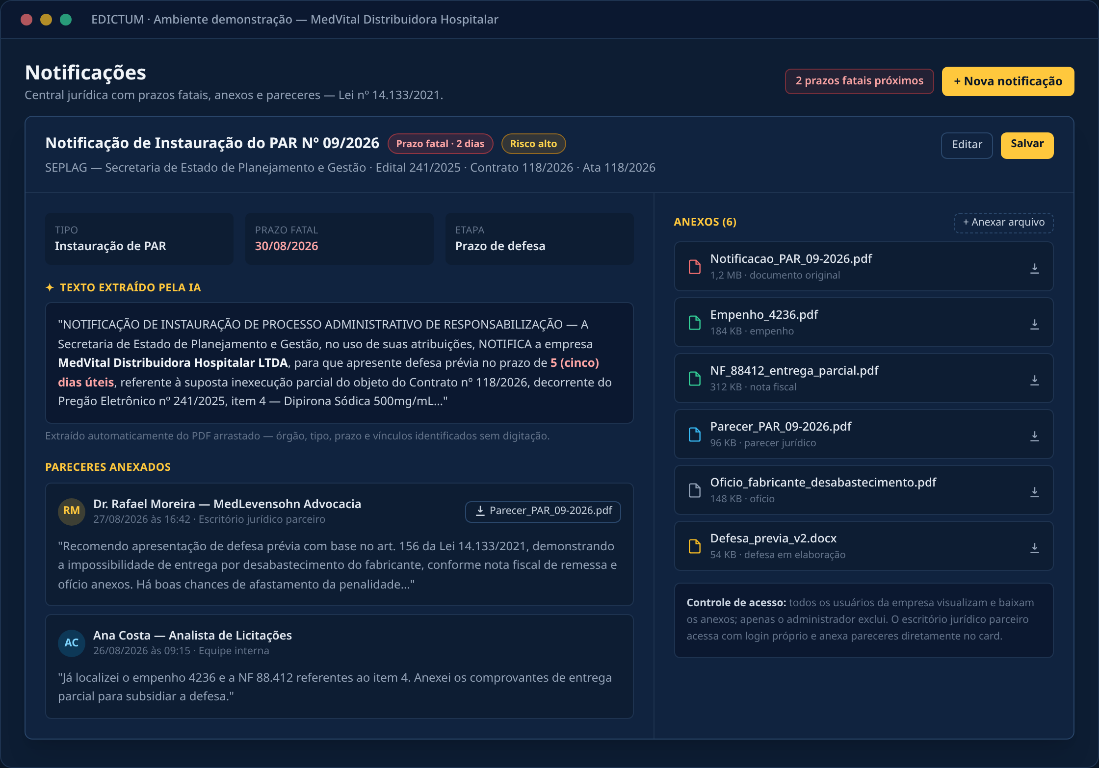 Detalhe de notificação no EDICTUM com texto extraído pela IA, anexos (nota fiscal, empenho, ofício) e pareceres jurídicos anexados