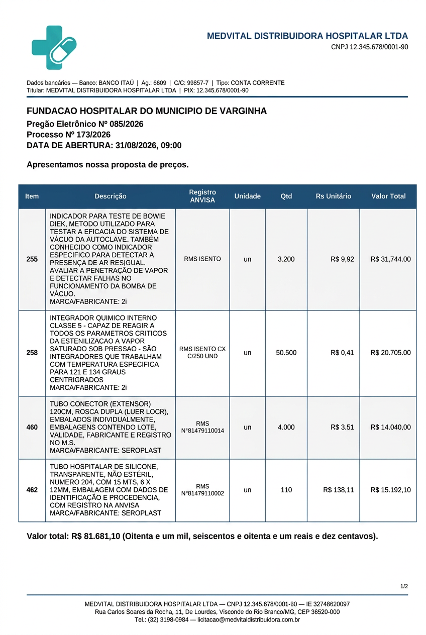 Exemplo de proposta de licitação gerada pelo EDICTUM, com papel timbrado, dados bancários e Registro ANVISA (empresa fictícia)